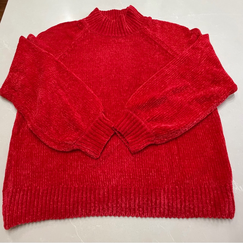 LOFT Red Chenille Mock Neck Oversized Balloon Sleeve Sweater, Large